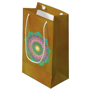 Sacola Para Presentes Pequena Mandala Colorido em Fundo Dourado
