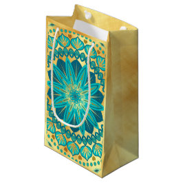Sacola Para Presentes Pequena Mandala Flor de Ouro Azul