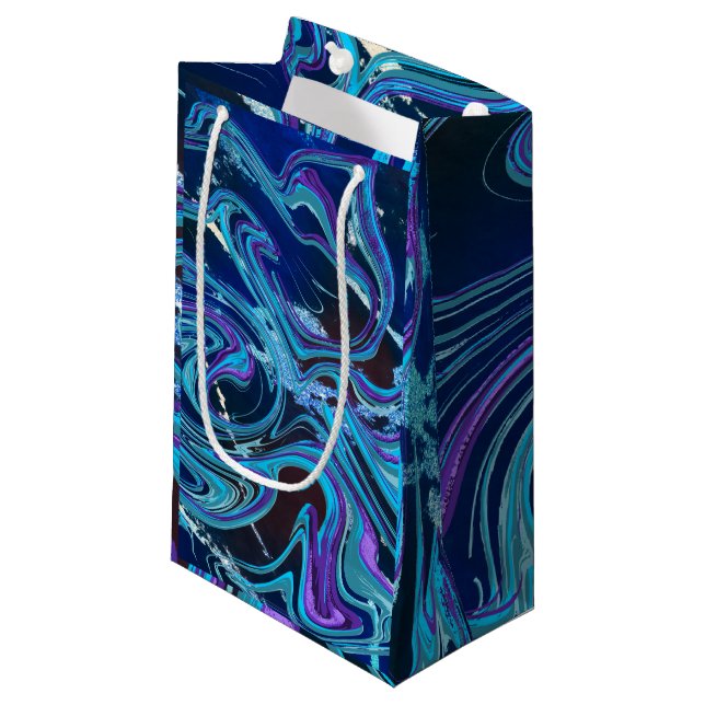 Sacola Para Presentes Pequena Marble Iridenscent Swirls de Azul e Roxo (Frente inclinada)