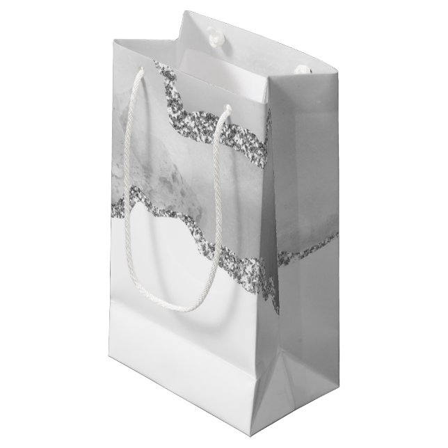 Sacola Para Presentes Pequena Mármore Branco Cinza Ágata Brilho Prata Simples (Frente inclinada)