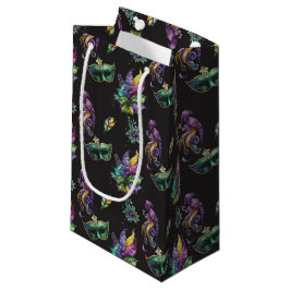 SACOLA PARA PRESENTES PEQUENA MÁSCARAS E PENAS DE GRÁFICOS MARDI DOURADOS, PURPA