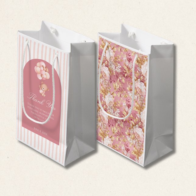 Sacola Para Presentes Pequena Mauve Pink Balloons floral, Cute Teddy Bear (Criador carregado)