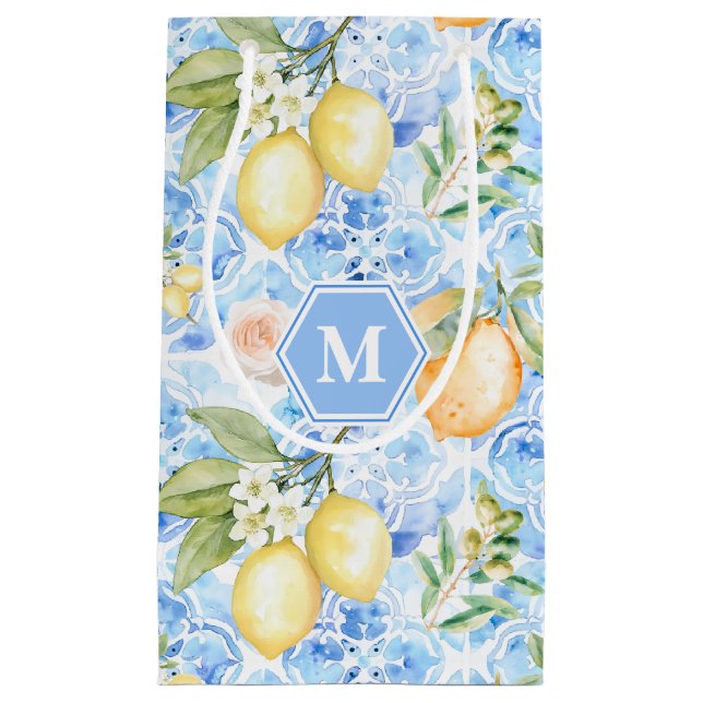 Sacola Para Presentes Pequena Mediterranean Blue Tile Limoncello Monogram Name (Frente)