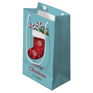 Sacola Para Presentes Pequena Meia de Natal Vermelha em Azul com Texto Personali