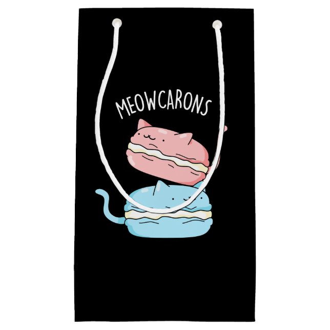Sacola Para Presentes Pequena Meowcarons Engraçado Macaron Pun Dark BG (Frente)
