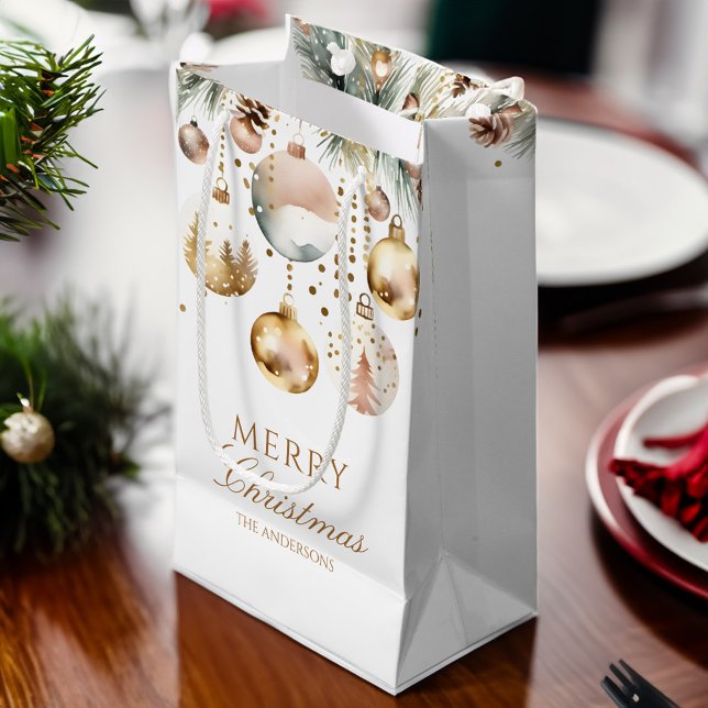 Sacola Para Presentes Pequena Merda natalícia baubles metálicos (Merry Christmas boho watercolor metallic gold silver baubles snowy pines Small Gift Bag)