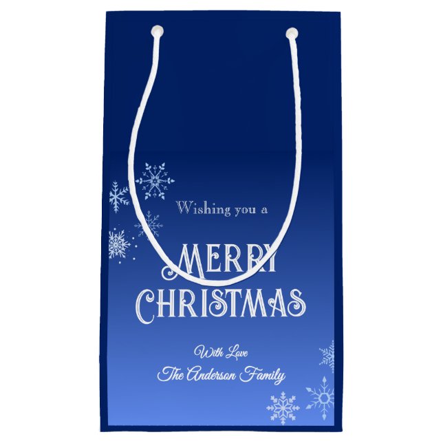 Sacola Para Presentes Pequena Merry Christmas Blue Modern Snowflake (Frente)