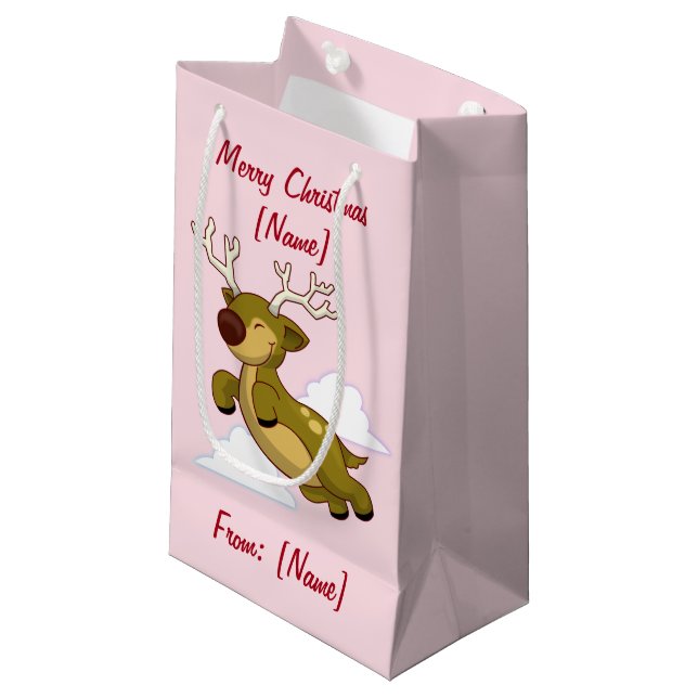Sacola Para Presentes Pequena Merry Christmas Flying Reindeer Cute (Frente inclinada)