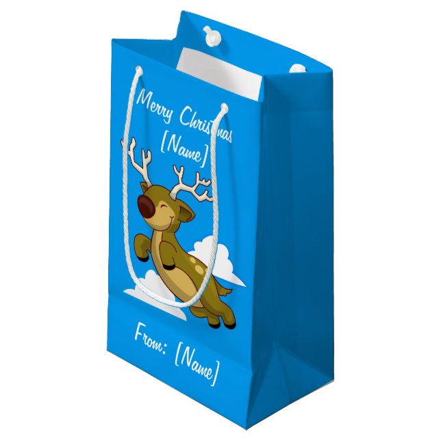Sacola Para Presentes Pequena Merry Christmas Flying Reindeer Cute (Frente inclinada)
