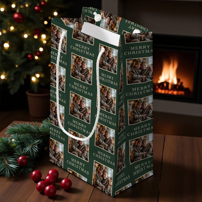 Sacola Para Presentes Pequena Merry Christmas Green Photo Holiday (Criador carregado)