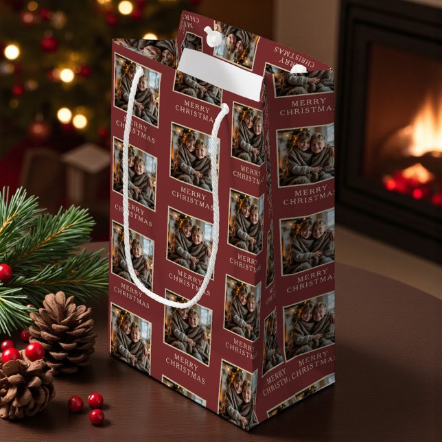 Sacola Para Presentes Pequena Merry Christmas Red Photo Holiday (Criador carregado)