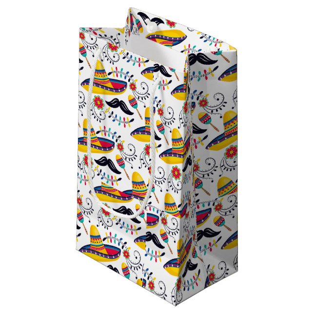 Sacola Para Presentes Pequena Mexicano Folk Art Pattern Sombreros, Mustaches (Frente inclinada)