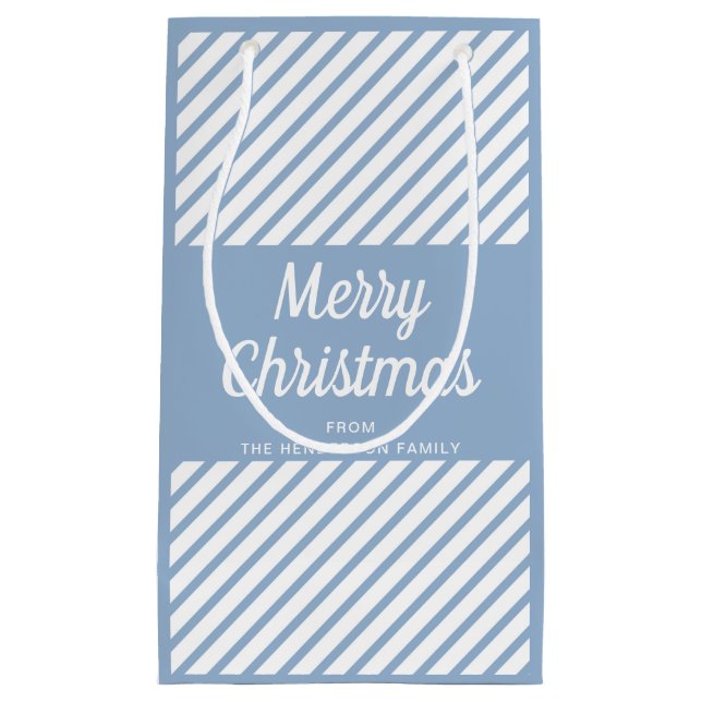 Sacola Para Presentes Pequena Modern Blue Stripes Script Feliz Natal (Frente)