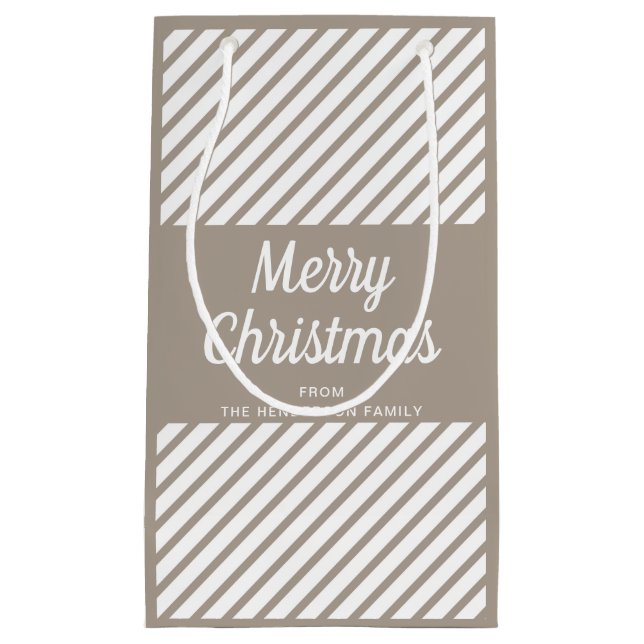 Sacola Para Presentes Pequena Modern Taupe Stripes Script Feliz Natal (Frente)