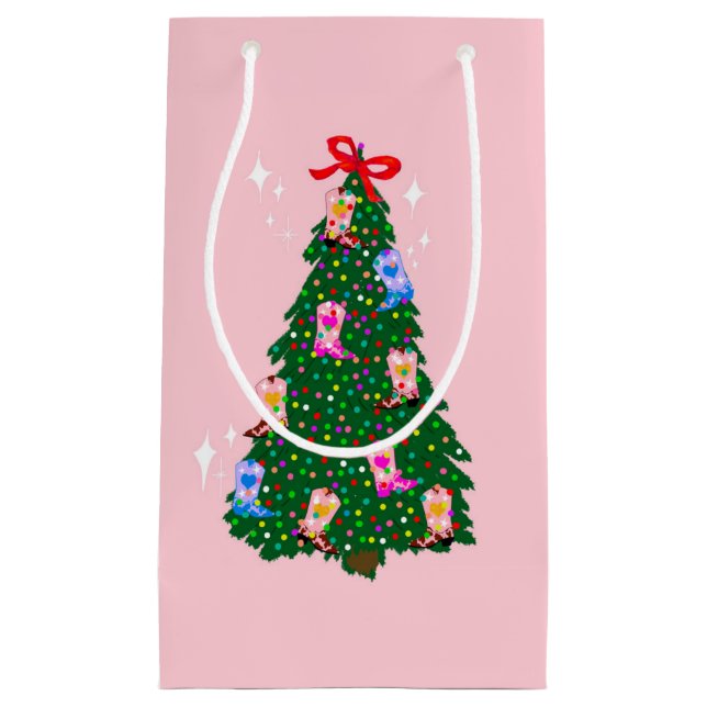Sacola Para Presentes Pequena Moderna Cowgirl Rosa Boot Western Natal (Frente)