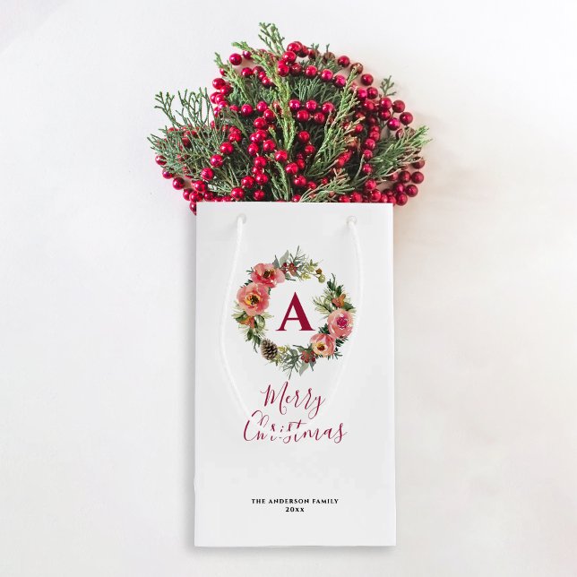 Sacola Para Presentes Pequena Monogram Red Botanical Pink Wreath Christmas (Criador carregado)
