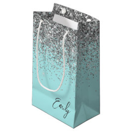 Sacola Para Presentes Pequena Monograma Brilhante Feminino em Azul e Prata