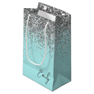 Sacola Para Presentes Pequena Monograma Brilhante Feminino em Azul e Prata