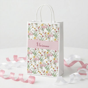 Sacola Para Presentes Pequena Monograma de Aquarela de Flor Silvestre Rosa Verde