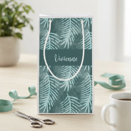 Sacola Para Presentes Pequena Monograma de Folha Tropical em Aquarela Verde Turq