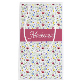 Sacola Para Presentes Pequena Monograma de Nome Aquarela Flor Silvestre Rosa Azu