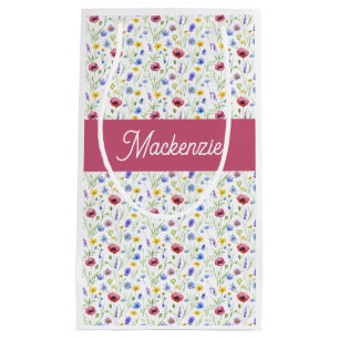 Sacola Para Presentes Pequena Monograma de Nome Aquarela Flor Silvestre Rosa Azu