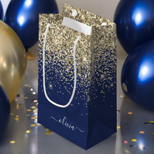 Sacola Para Presentes Pequena Monograma de Nome Glamour em Grafite Azul Marinho