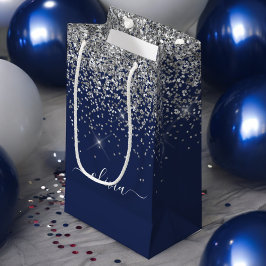 Sacola Para Presentes Pequena Monograma de Nome Glitter Azul Marinho Prateado Fe