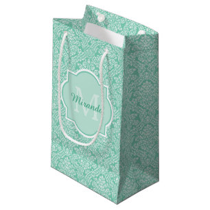 Sacola Para Presentes Pequena Monograma do Damasco Verde na moda Mint com Nome