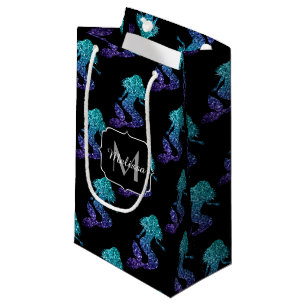 Sacola Para Presentes Pequena Monograma do Mermaid aqua blue ombre Sparkles