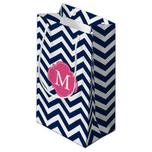 Sacola Para Presentes Pequena Monograma do padrão Zigzag azul e rosa quente