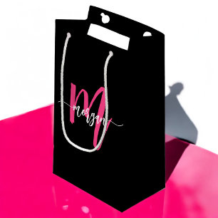 Sacola Para Presentes Pequena Monograma Na moda Moderno Rosa Quente Preto