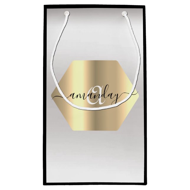 Sacola Para Presentes Pequena Monograma Nome Dourado Cinza Negra Moda Boutique (Verso)