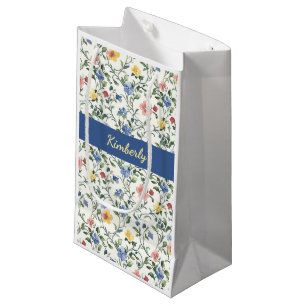 Sacola Para Presentes Pequena Monograma Nome Flor Silvestre Aquarela Azul Amarel