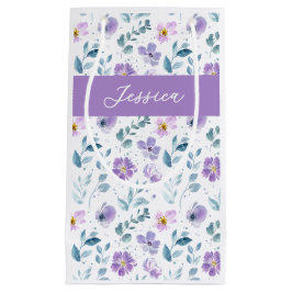 Sacola Para Presentes Pequena Monograma Nome Flor Silvestre Aquarela Roxo Verde