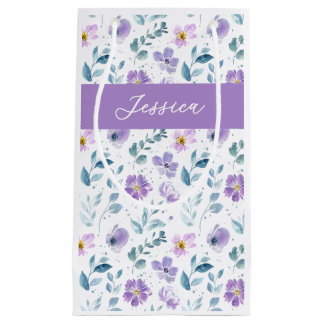 Sacola Para Presentes Pequena Monograma Nome Flor Silvestre Aquarela Roxo Verde