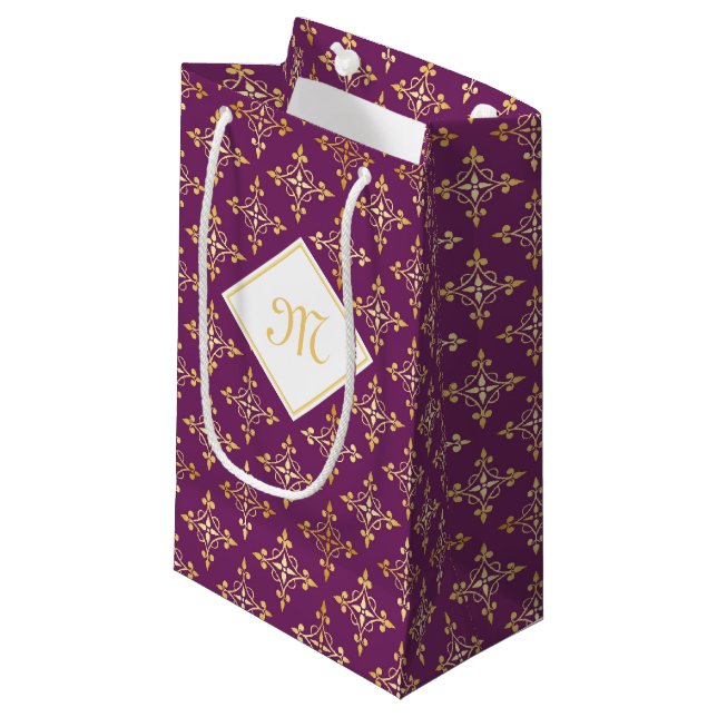 Sacola Para Presentes Pequena Monograma Roxo e Dourado Quatre Floral (Frente inclinada)