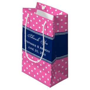 Sacola Para Presentes Pequena MonogramaRosa Quente, Bolinhas Branca com Azul Rea