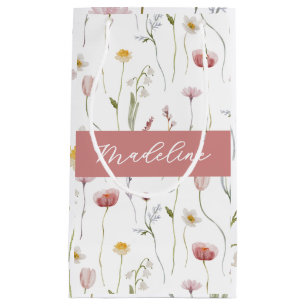 Sacola Para Presentes Pequena Monomarca de Aquarela de Flor Silvestre Rosa Empoe