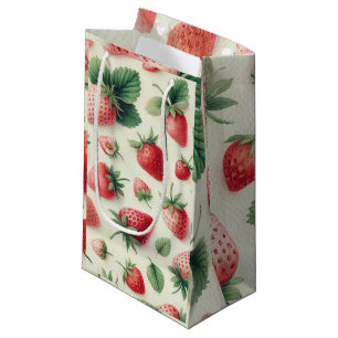 Sacola Para Presentes Pequena Morangos com Creme Aquarela Frutas