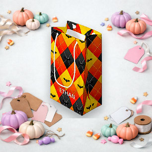 Sacola Para Presentes Pequena Morcego Argyle Laranja e Preto de Halloween