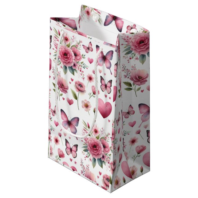 Sacola Para Presentes Pequena Mulher Floral Rosa Elegante (Frente inclinada)