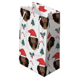 Sacola Para Presentes Pequena Mulher Negra, Chapéu Vermelho de Papai Noel, Padr