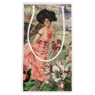 Sacola Para Presentes Pequena Mulher Victoriana Café Clássica Rosa