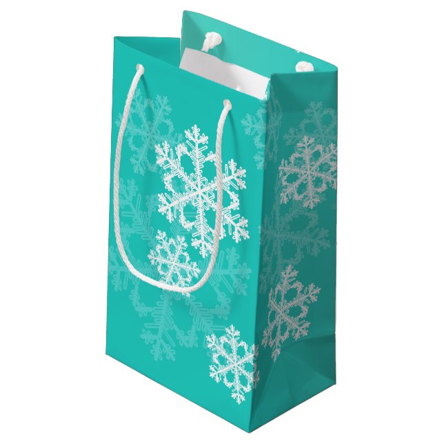 Sacola Para Presentes Pequena Na moda Cyan Snowflakes Padrão de Natal moderno (Verso inclinado)