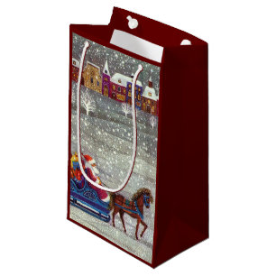 Sacola Para Presentes Pequena Natal Antigo, Trenó Aberto de Cavalos do Papai Noe