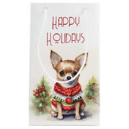 Sacola Para Presentes Pequena Natal Chihuahua com Suéter de Férias