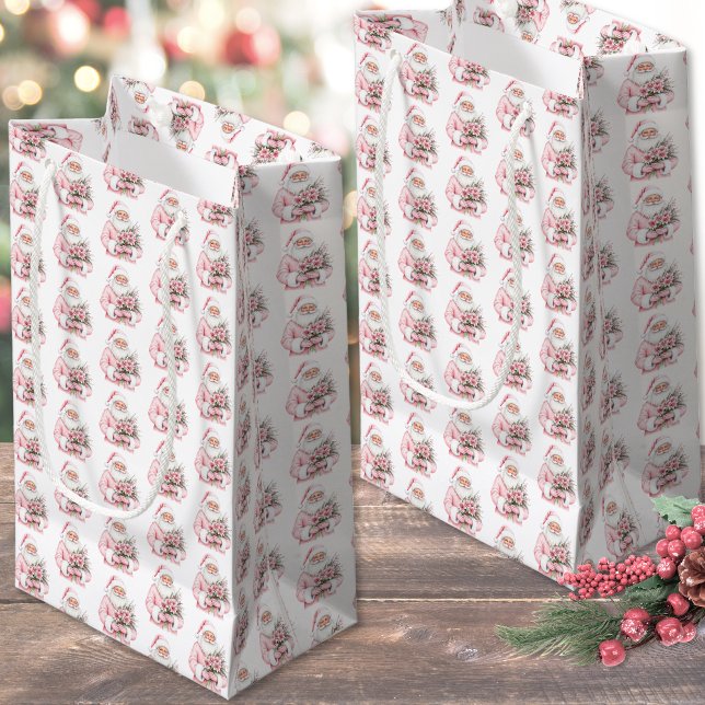 Sacola Para Presentes Pequena Natal Cor-de-Rosa (Santa Claus Pink Christmas Small Gift Bag)