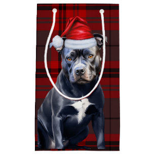 Sacola Para Presentes Pequena Natal da Xadrez Vermelha do Cão Azul Feriado