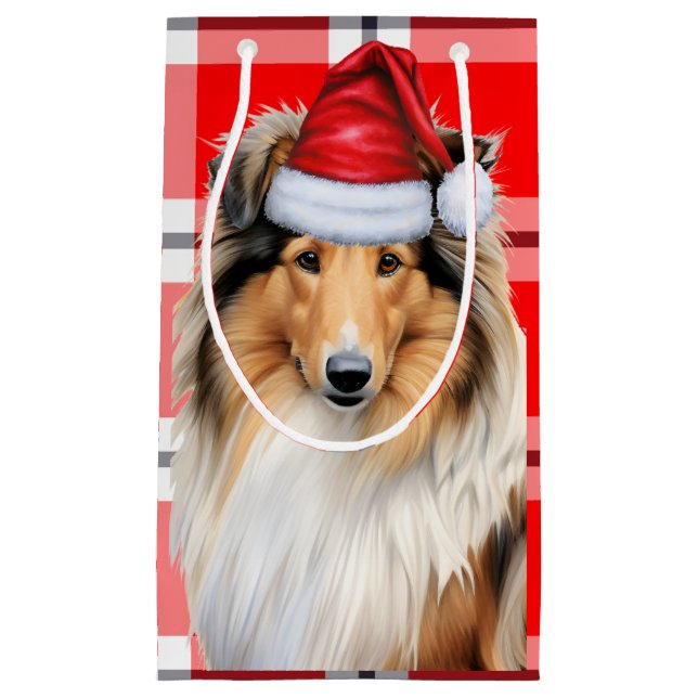 Sacola Para Presentes Pequena Natal de Foliday Collie e Xadrez Festiva de Férias (Frente)